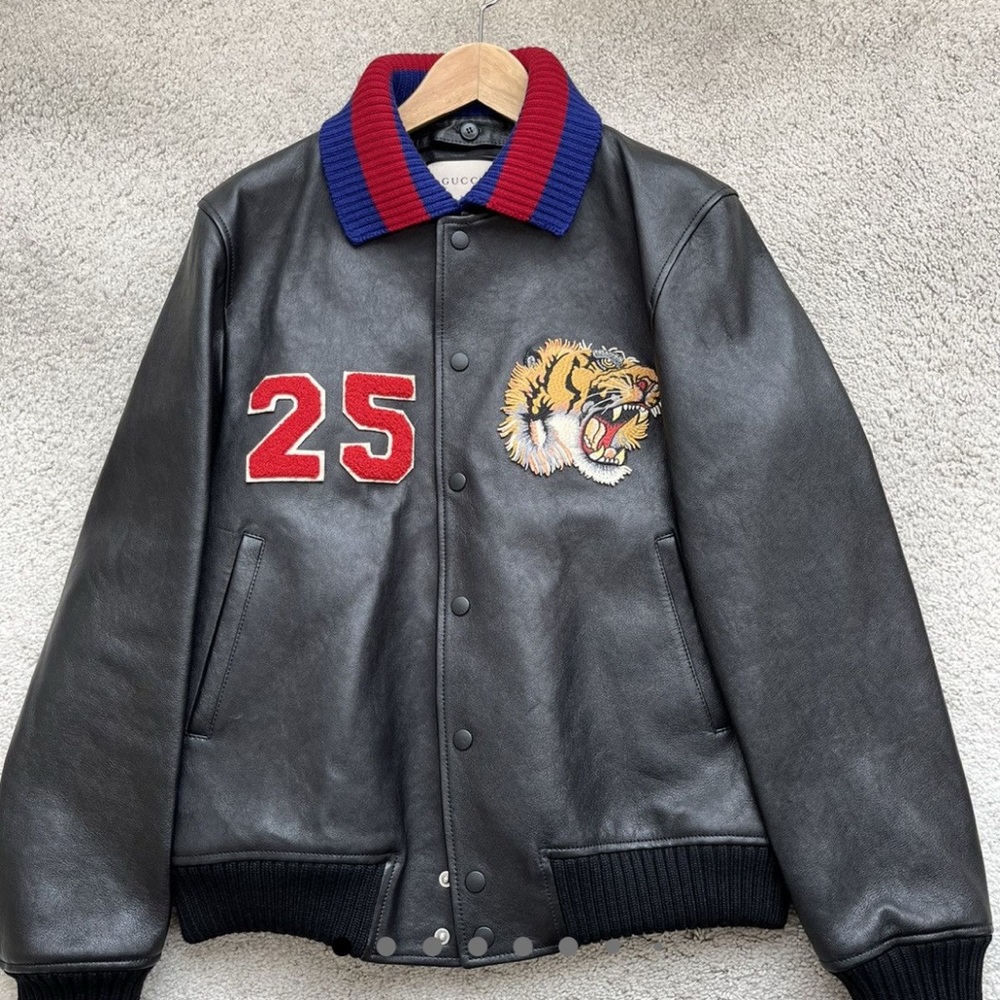 Pristine Gucci Black Leather Varsity Bomber Jacket Sz:Lg(EU 52-54 / 3)Orig.$3595